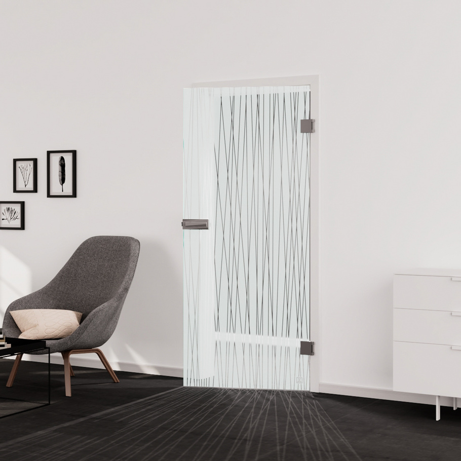 Living situation which shows the glass door with tempered safety glass (ESG) silk screen print JETTE RUTIL 561 in the vision frosted BASIC GREEN drilling Studio/Office revolving door DIN R