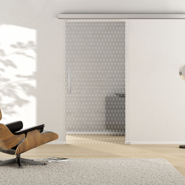 Ambientebild in Wohnraumsituation illustriert die Griffwerk Glasschiebetür GRIDS 691 in der Ausführung ESG PURE WHITE klar
