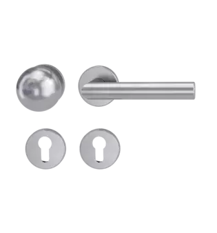 Silhouette product image in perfect product view shows the GRIFFWERK security rose set with knob R4 in the version euro profile, brushed steel with the door handle LUCIA PROF