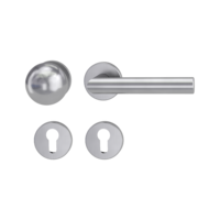 Silhouette product image in perfect product view shows the GRIFFWERK security rose set with knob R4 in the version euro profile, brushed steel with the door handle LUCIA PROF