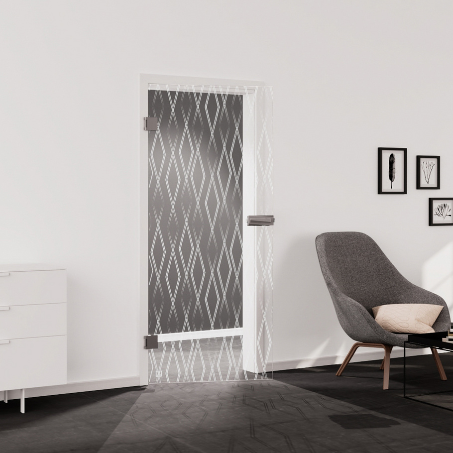 Living situation which shows the glass door with tempered safety glass (ESG) laserdecor JETTE FOREVER 687 in the vision clear PURE WHITE drilling Studio/Office revolving door DIN L