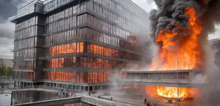 La imagen muestra un edificio de una empresa en llamas.