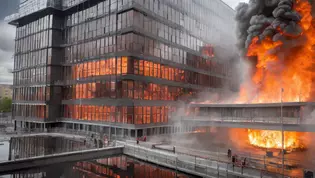 Das Bild zeigt ein Unternehmensgebäude in Brand.