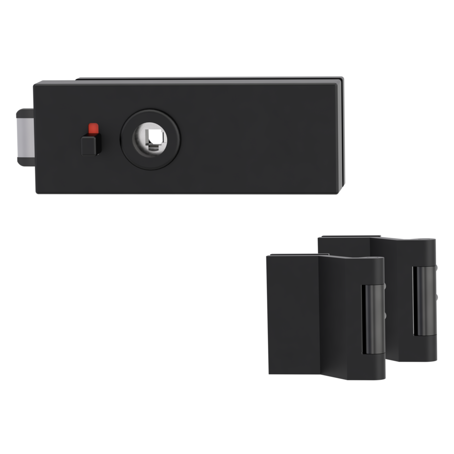 Silhouette product image in perfect product view shows the GRIFFWERK glass door fitting PURISTO S in the version WC lock - graphite black - 3-part hinge studio/office