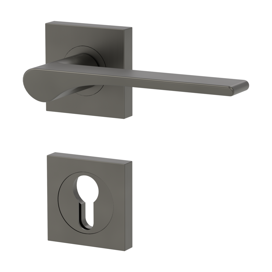 Freigestelltes Produktbild im nach links gedrehten Blickwinkel fotografiert zeigt die GRIFFWERK Rosettengarnitur eckig LEAF LIGHT in der Ausführung Profilzylinder - Kaschmirgrau - Schraubtechnik