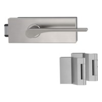 Silhouette product image in perfect product view shows the Griffwerk glass door lock set PURISTO S in the version unlockable, brushed steel, 2-part hinge set with the handle pair LEAF LIGHT SG