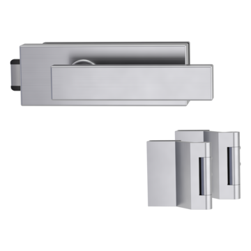 Silhouette product image in perfect product view shows the Griffwerk glass door lock set PURISTO S in the version unlockable, brushed steel, 2-part hinge set with the handle pair CARLA