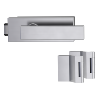 Silhouette product image in perfect product view shows the Griffwerk glass door lock set PURISTO S in the version unlockable, brushed steel, 2-part hinge set with the handle pair CARLA