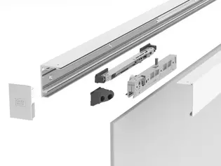 The illustration shows PLANEO X80 with 1 roller and enlarged clamping surface and the Softclose of the sliding door system Planeo X80 by Griffwerk in detail.