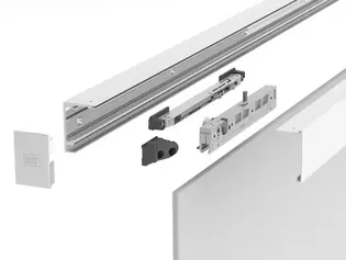 Abbildung Detail Softclose Planeo X80 Die Abbildung zeigt PLANEO X80 mit 1 Laufrolle und vergrößerter Klemmfläche und den Softclose des Schiebetürsystems Planeo X80 von Griffwerk im Detail