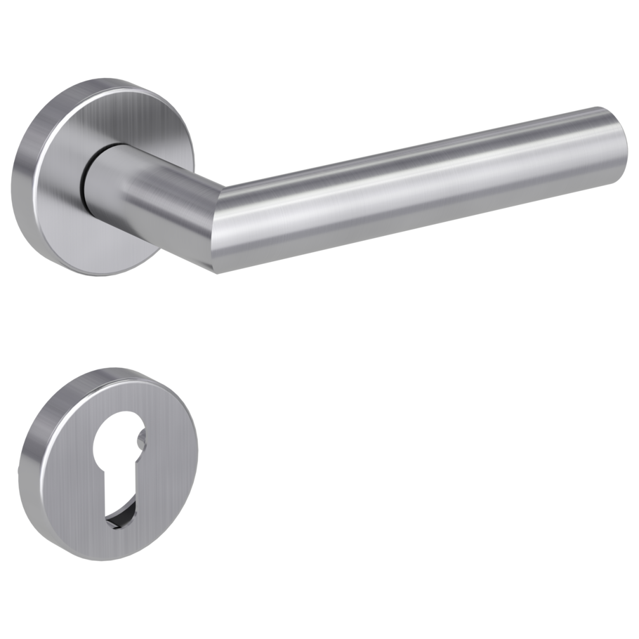 Isolated product image in the right-turned angle shows the GRIFFWERK rose set LUCIA in the version euro profile - brushed steel - clip on technique