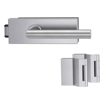 Silhouette product image in perfect product view shows the Griffwerk glass door lock set PURISTO S in the version unlockable, brushed steel, 2-part hinge set with the handle pair LUCIA