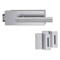 Silhouette product image in perfect product view shows the Griffwerk glass door lock set PURISTO S in the version unlockable, brushed steel, 2-part hinge set with the handle pair LUCIA