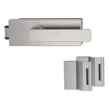 Silhouette product image in perfect product view shows the Griffwerk glass door lock set PURISTO S in the version unlockable, brushed steel, 2-part hinge set with the handle pair MINIMAL MODERN SG
