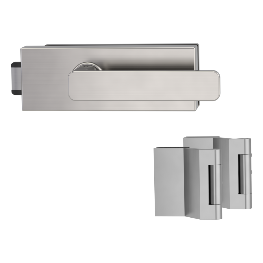 Silhouette product image in perfect product view shows the Griffwerk glass door lock set PURISTO S in the version unlockable, brushed steel, 2-part hinge set with the handle pair MINIMAL MODERN SG