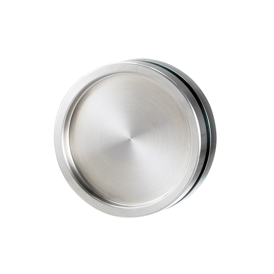 Freigestelltes Produktbild im idealen Blickwinkel fotografiert zeigt die GRIFFWERK Griffmuschel GUIDA in der Ausführung für Glas 8-12mm/Holz 38-42mm - Edelstahl matt - Schraubtechnik 