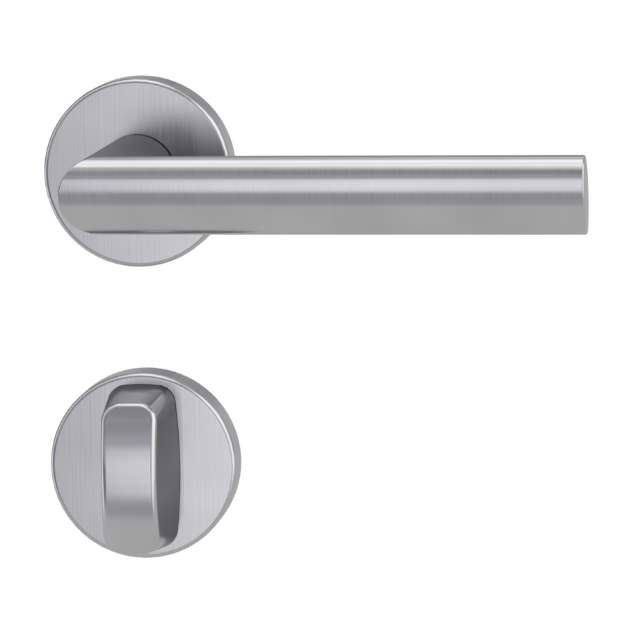 Freigestelltes Produktbild im idealen Blickwinkel fotografiert zeigt die GRIFFWERK Rosettengarnitur REMOTE in der Ausführung WC-Schließer - Graphitschwarz - Schraubtechnik Innenansicht 