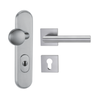 Silhouette product image in perfect product view shows the Griffwerk security combi set TITANO_882 in the version cylinder cover, square, brushed steel, clip on with the door handle LUCIA SQUARE