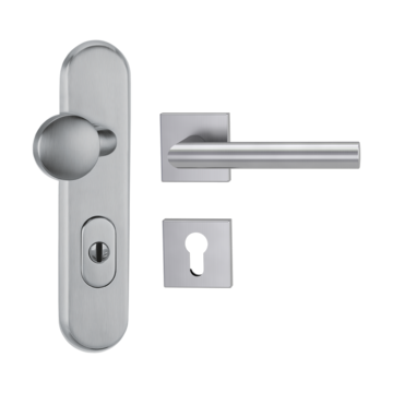 Silhouette product image in perfect product view shows the Griffwerk security combi set TITANO_882 in the version cylinder cover, square, brushed steel, clip on with the door handle LUCIA SQUARE