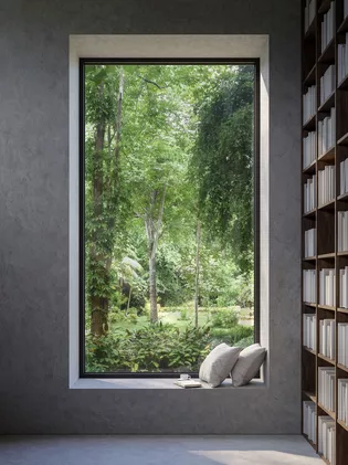 A large window with green nature in the background