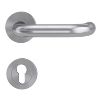 Isolated product image in perfect product view shows the GRIFFWERK door handle set ALESSIA PROFESSIONAL in the surface brushed steel version  euro profile