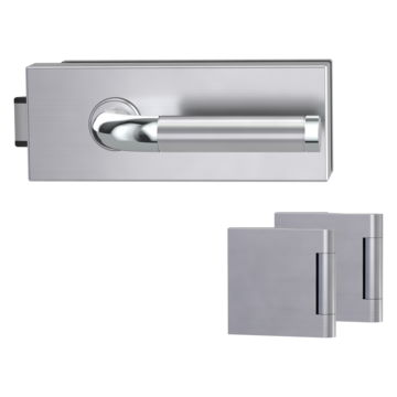 Silhouette product image in perfect product view shows the Griffwerk glass door lock set PURISTO in the version unlockable, polished steel, 2-part hinge set with the handle pair ADINA EP/EM