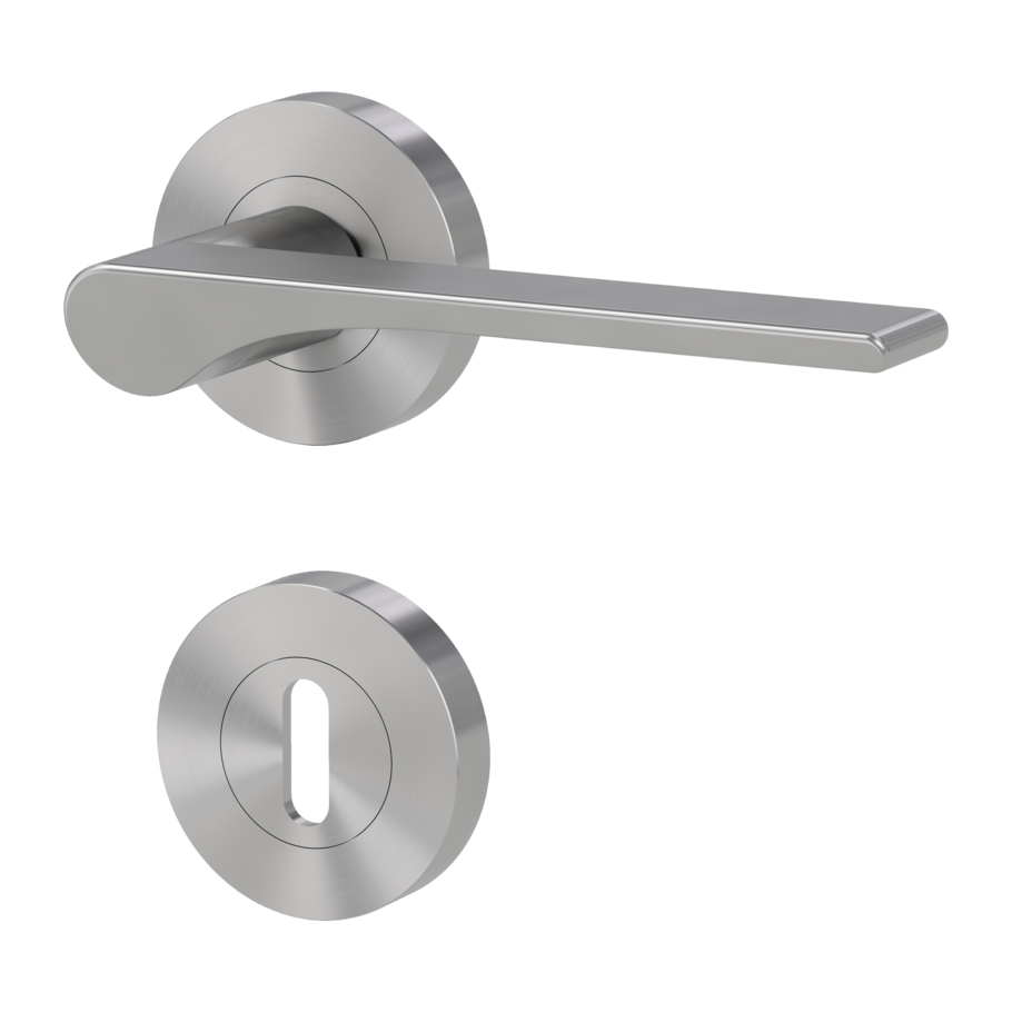 Isolated product image in the left-turned angle shows the GRIFFWERK rose set LEAF LIGHT in the version mortice lock - velvet grey - screw on technique