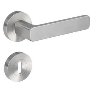 Isolated product image in the right-turned angle shows the GRIFFWERK rose set MINIMAL MODERN in the version mortice lock - velvet grey - screw on technique