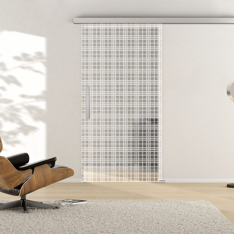 Ambientebild in Wohnraumsituation illustriert die Griffwerk Glasschiebetür TARTAN CLASSIC in der Ausführung ESG PURE WHITE matt