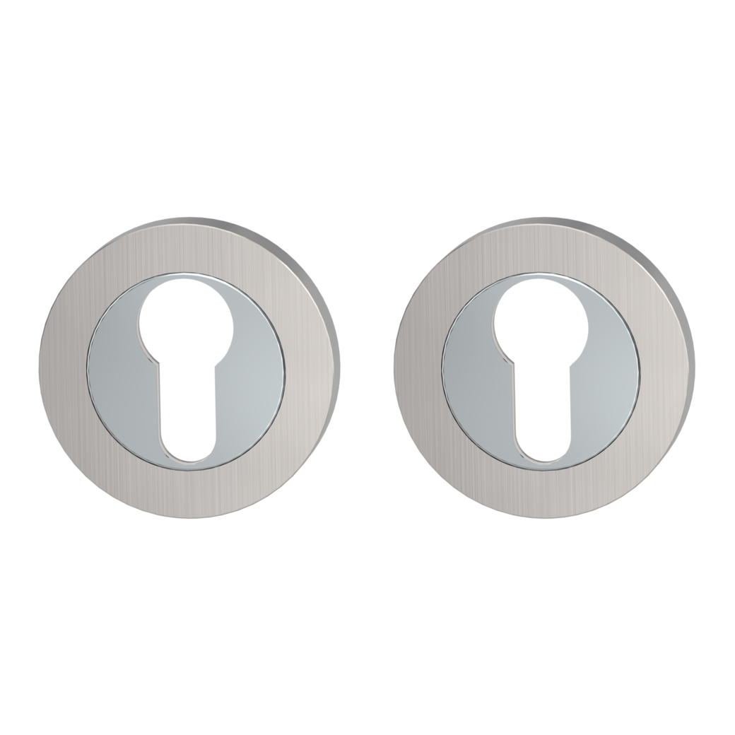 Pair of escutcheons zinc round with decorative ring profile cyl. Screw-on system chrome nickel matt