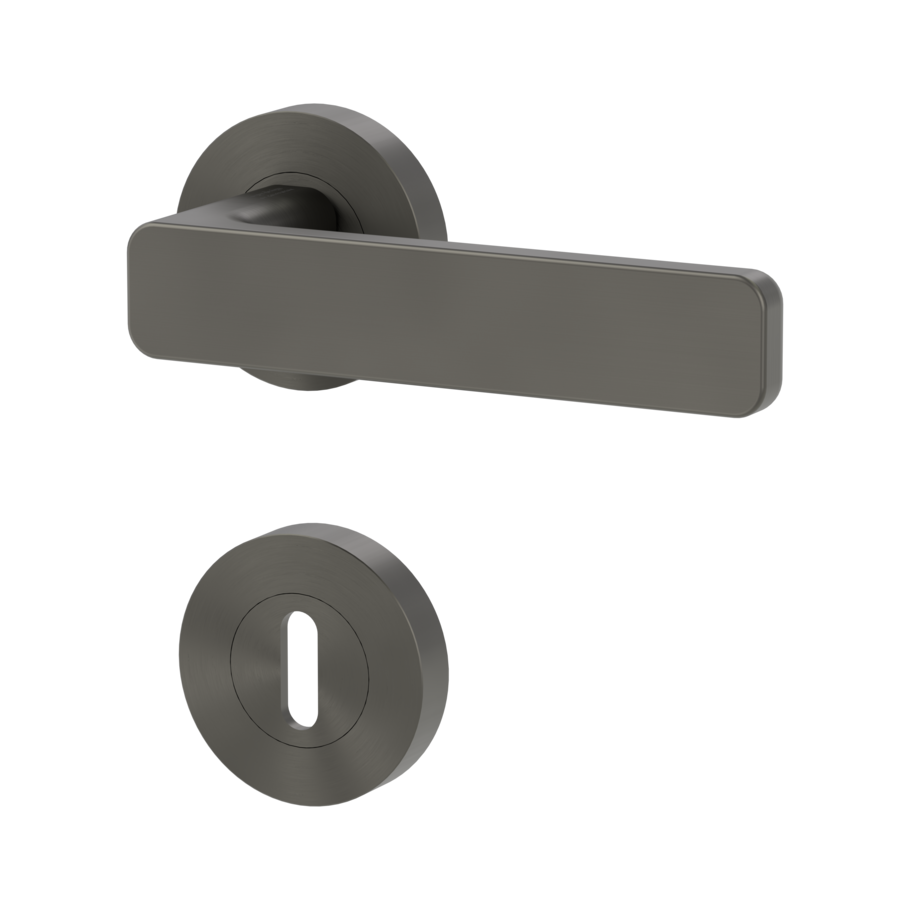 Isolated product image in the left-turned angle shows the GRIFFWERK rose set MINIMAL MODERN in the version mortice lock - cashmere grey - screw on technique
