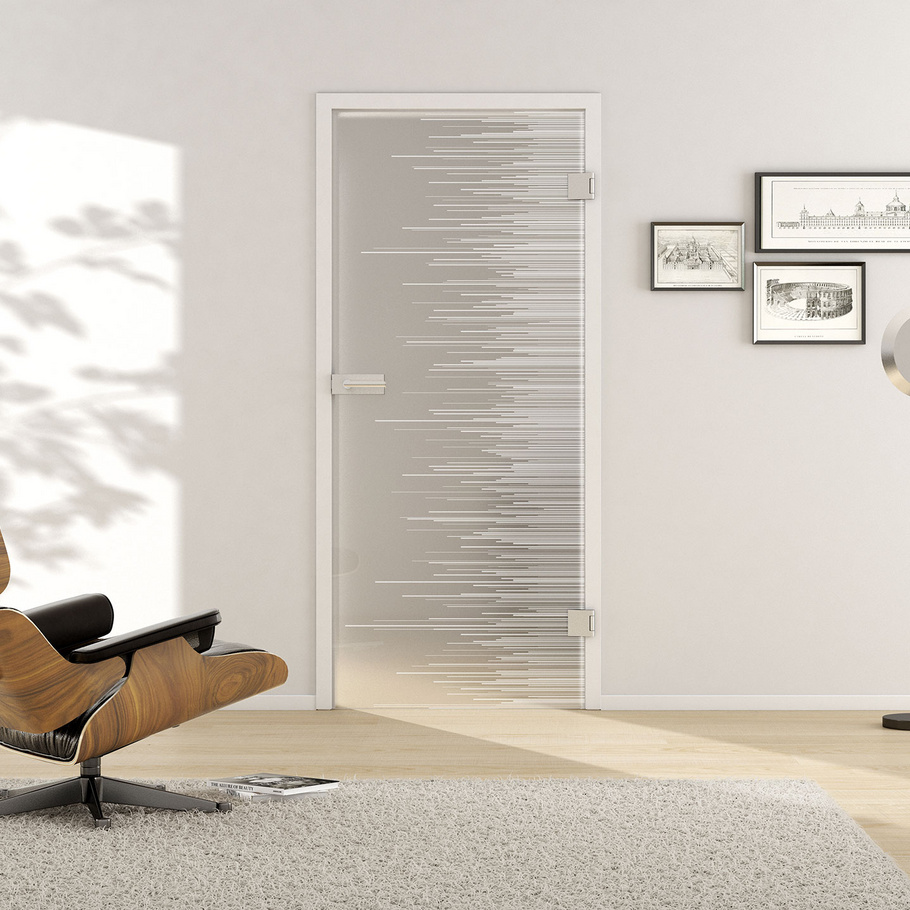 Living situation with shows the GRIFFWERK glass door Lines_LD_604 laser two sides in the version revolving door - DIN right - studio / office - tempered safety glass PURE WHITE 