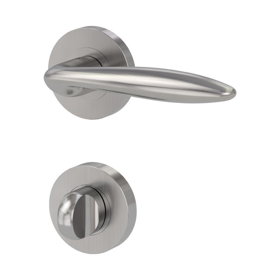 Isolated product image in the left-turned angle shows the GRIFFWERK rose set ALINA in the version turn and release - nickel matt - screw on technique inside view 