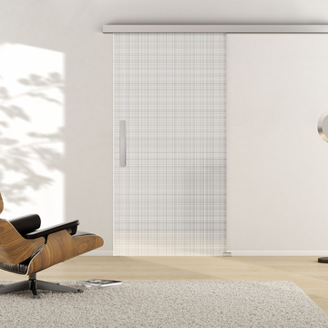 Ambientebild in Wohnraumsituation illustriert die Griffwerk Glasschiebetür SUMMER COTTON in der Ausführung ESG PURE WHITE matt