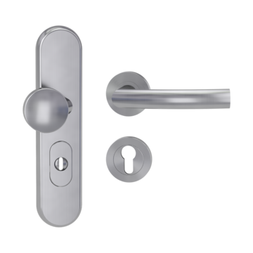 Silhouette product image in perfect product view shows the Griffwerk security combi set TITANO_882 in the version cylinder cover, round, brushed steel, clip on with the door handle LORITA PROF