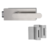 Silhouette product image in perfect product view shows the Griffwerk glass door lock set PURISTO S in the version unlockable, brushed steel, 2-part hinge set with the handle pair AVUS SG