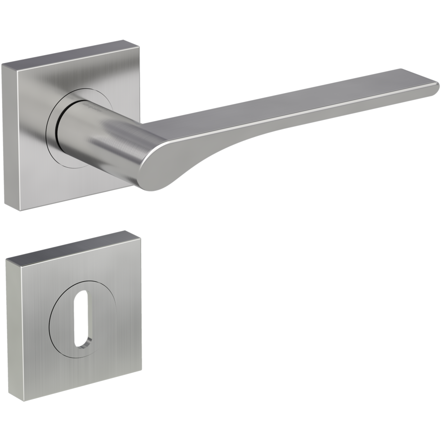 Isolated product image in the right-turned angle shows the GRIFFWERK rose set square LEAF LIGHT in the version mortice lock - velvet grey - screw on technique