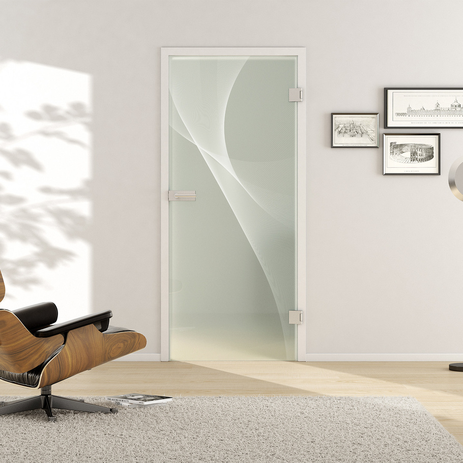 Ambientebild in Wohnraumsituation illustriert die Griffwerk Glasdrehtür 3D 623 in der Ausführung ESG BASIC GREEN matt