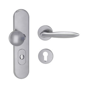 Silhouette product image in perfect product view shows the Griffwerk security combi set TITANO_882 in the version cylinder cover, round, brushed steel, clip on with the door handle VERONICA