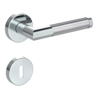 Isolated product image in the right-turned angle shows the GRIFFWERK rose set LOREDANA in the version mortice lock - polished/brushed steel - clip on technique