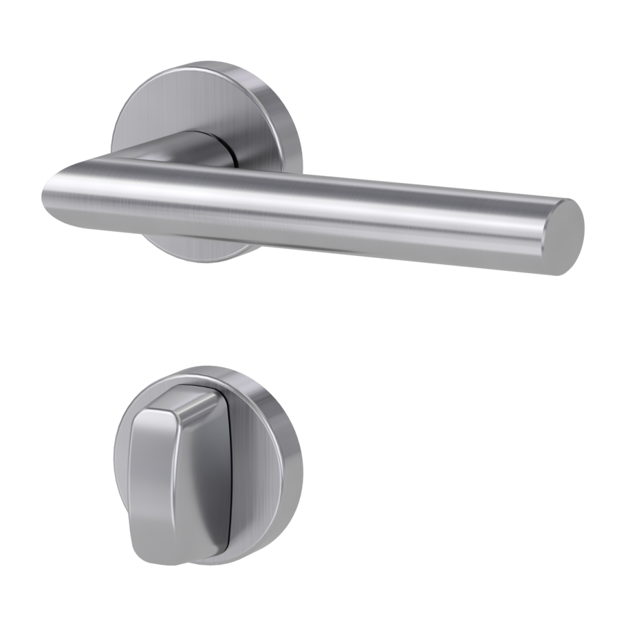 Freigestelltes Produktbild im nach links gedrehten Blickwinkel fotografiert zeigt die GRIFFWERK Rosettengarnitur VIVIA in der Ausführung WC-Schließer - Edelstahl matt - Klipptechnik Innenansicht