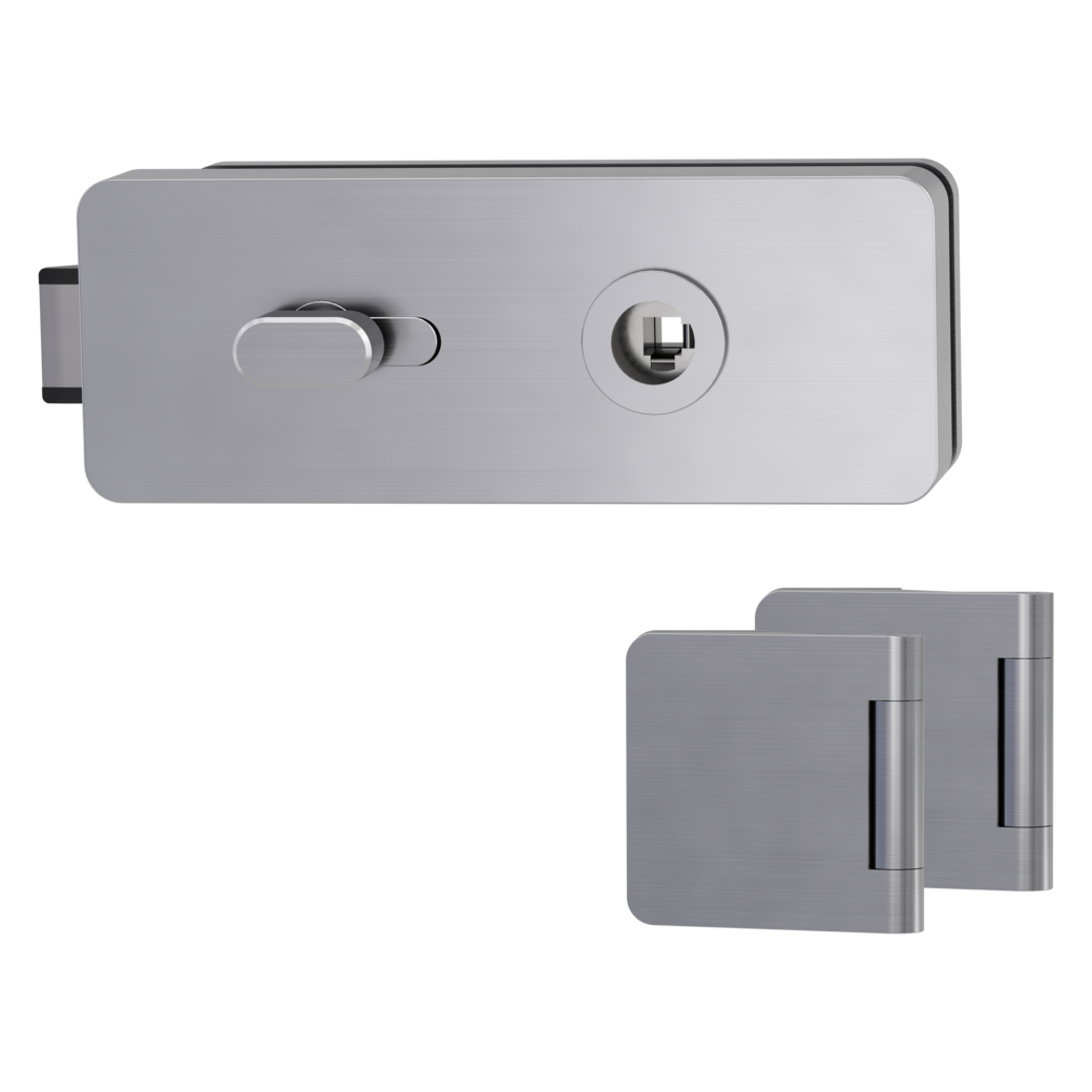 glass door lock set GATE wc opp. lock side silent 3-part hinges polished steel look