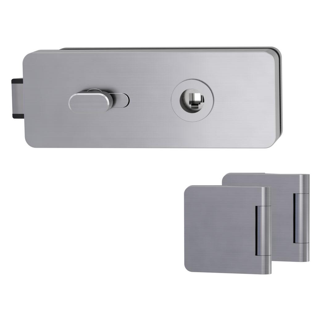 glass door lock set GATE wc opp. lock side silent 3-part hinges brushed steel look