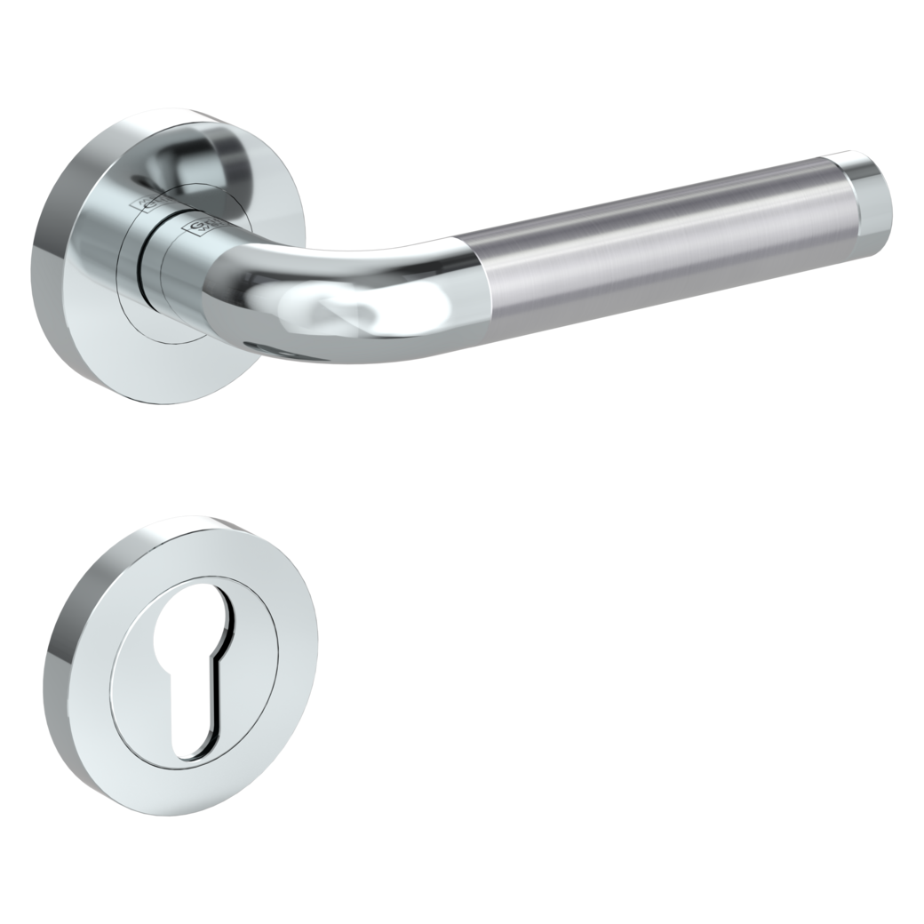 door handle set SIMONA screw on cl4 rose set round euro profile chrome/brushed steel