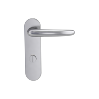 Isolated product image in perfect product view shows the GRIFFWERK door handle set ULMER GRIFF PROFESSIONAL in the surface brushed steel version  wc red/white