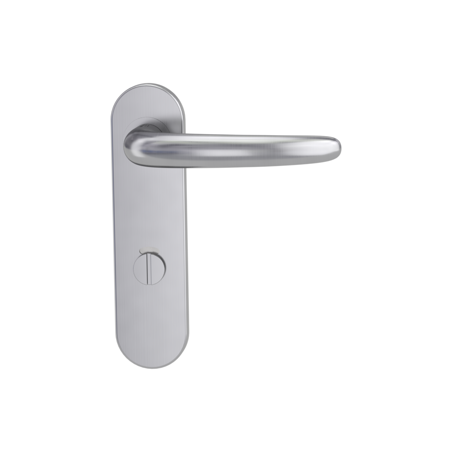 Isolated product image in perfect product view shows the GRIFFWERK door handle set ULMER GRIFF PROFESSIONAL in the surface brushed steel version  wc red/white