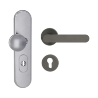 Silhouette product image in perfect product view shows the Griffwerk security combi set TITANO_882 in the version cylinder cover, round, brushed steel, clip on with the door handle AVUS KGR