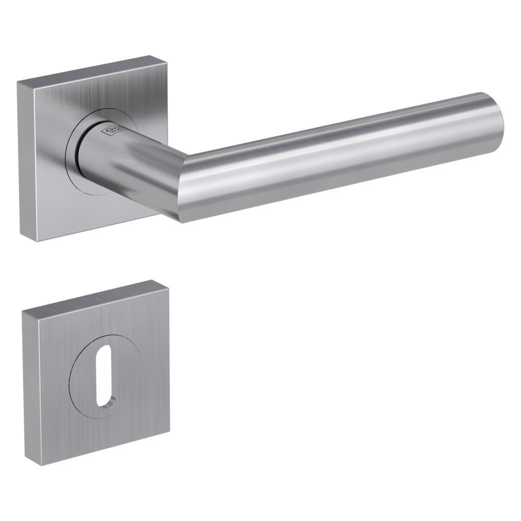 LUCIA PROF door handle set Screw-on sys.GK3 straight-edged escut. Satin stainless steel cipher bit