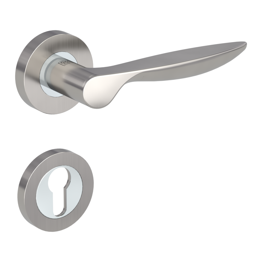 Isolated product image in the right-turned angle shows the GRIFFWERK rose set FRANCESCA in the version euro profile - chrome/nickel matt - screw on technique