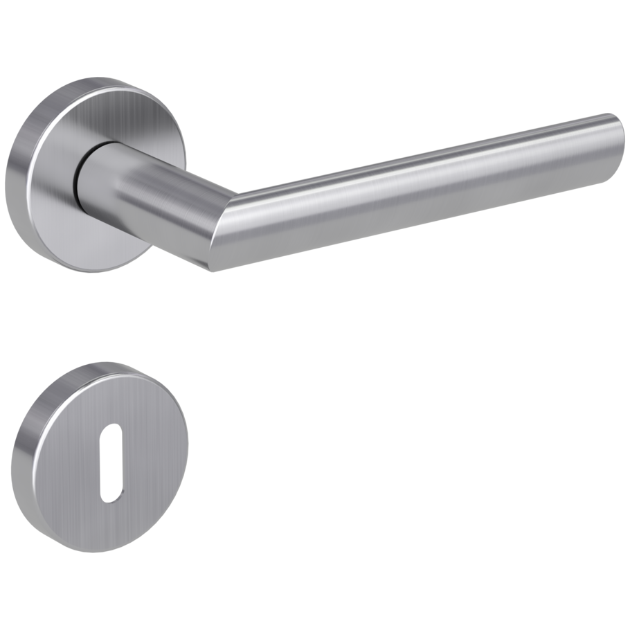 Isolated product image in the right-turned angle shows the GRIFFWERK rose set OVIDA in the version mortice lock - brushed steel - clip on technique